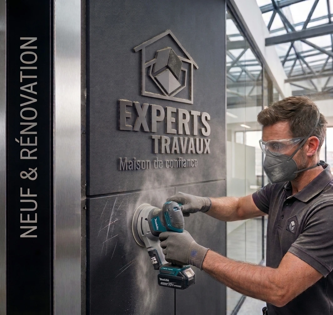 Logo Experts Travaux gravé sur un mur, posé par un artisan